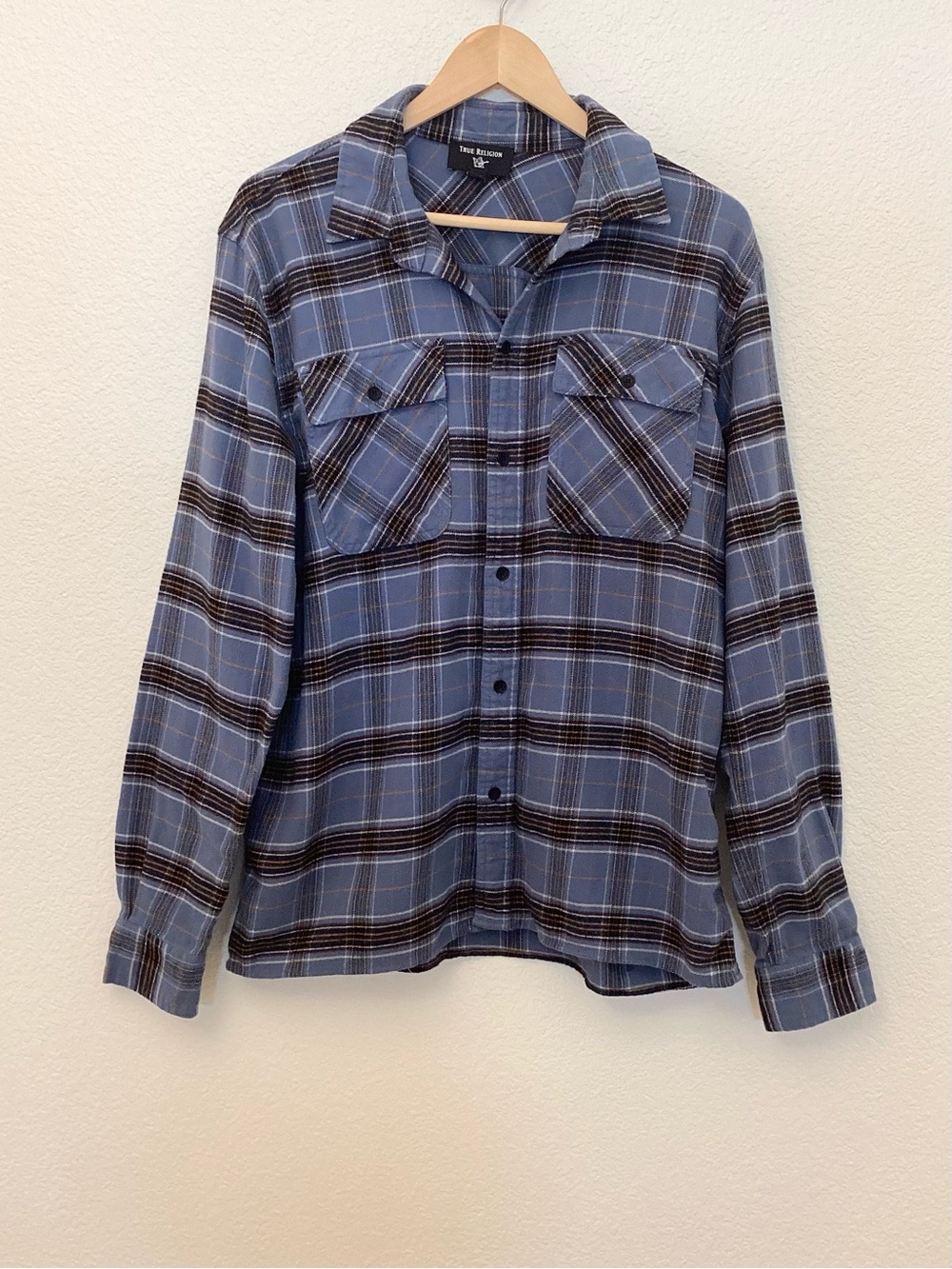 True Religion Med Flannel Men's Unisex Blue Plaid Button-Up Shirt Cotton Soft